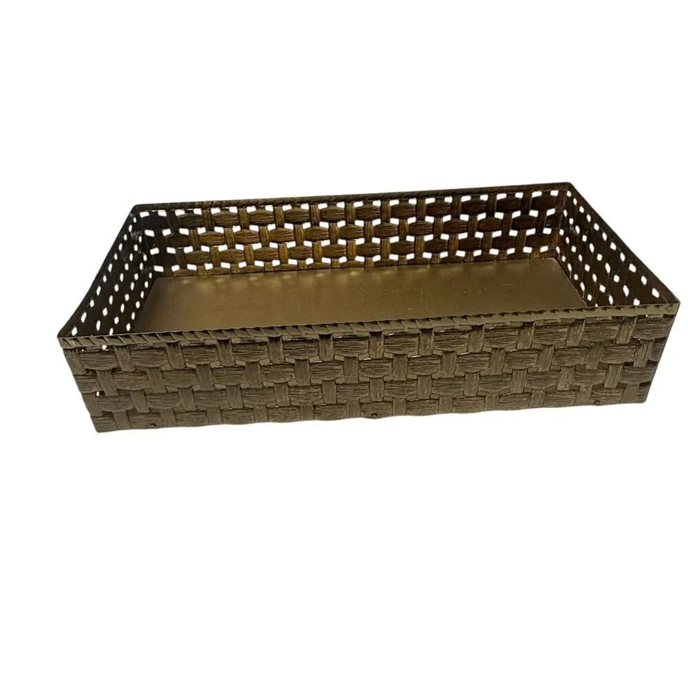Vintage Tissue Box Holder Stylebuilt Metal Basket Tray Goldtone Bath Accessory